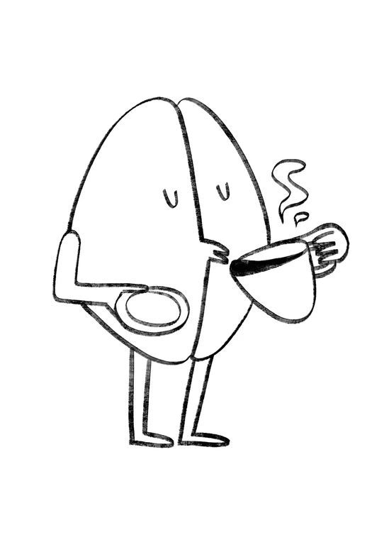 doodle of a coffee bean character holding a steaming cup.